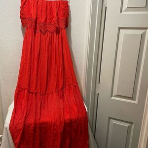 Chocolate red strapless dress size medium 100%rayon 49” long